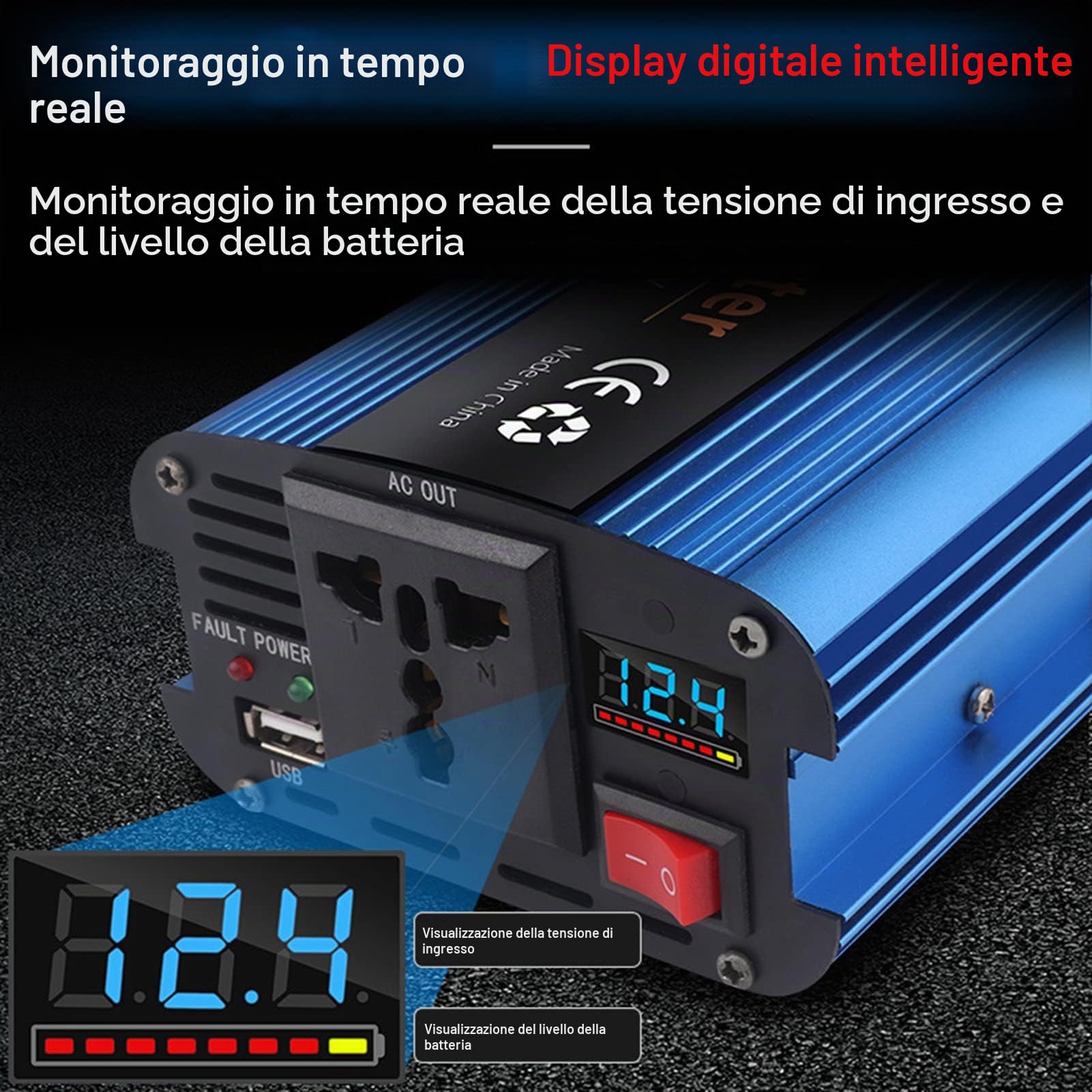 500W 1200W 2000W 2600W Inverter di Potenza DC 12V 24V 36V 48V 60V a AC 110V 220V Convertitore di Tensione del Veicolo con Clip per Accendisigari a Coccodrillo e Display,1200W-36V