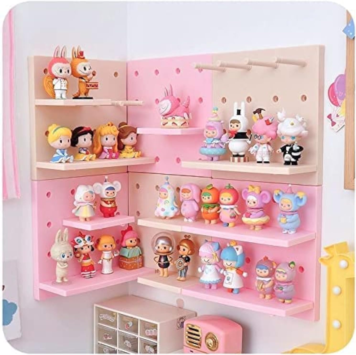 HGYZE Peg Boards for Wall with Shelf & Hooks, No Punching Craft Storage, Small Pegboard Ledges Organizer for Hanging Keychains, 4 Pack Decorative Wall Panel Kits for Blindboxes Lightweight Dolls, Pink