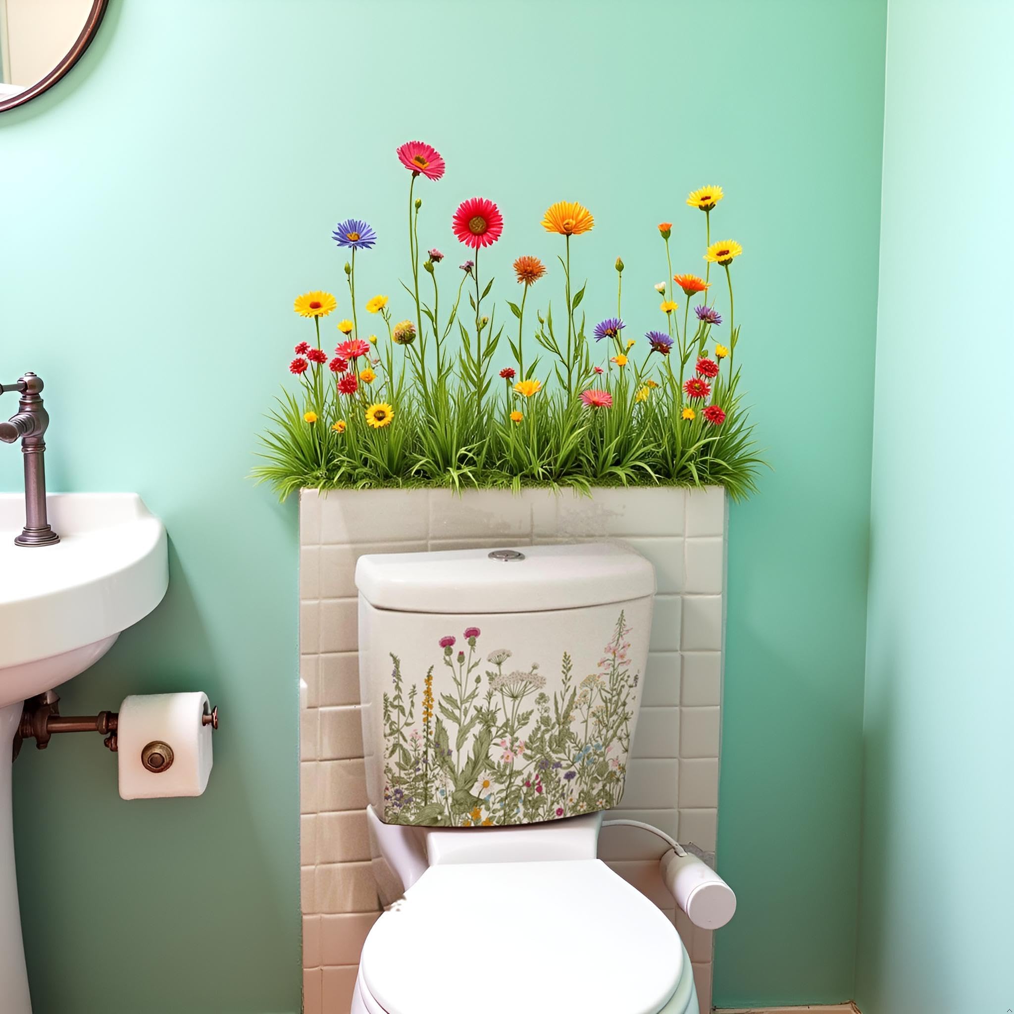 Green Plant Leaves Flowers Toilet Seat Lid Stickers Self-Adhesive Bathroom Wall Green Leaf Floral Decals DIY Removable Waterproof Sticker for Cistern Decor Multicolor Toilet Accessories