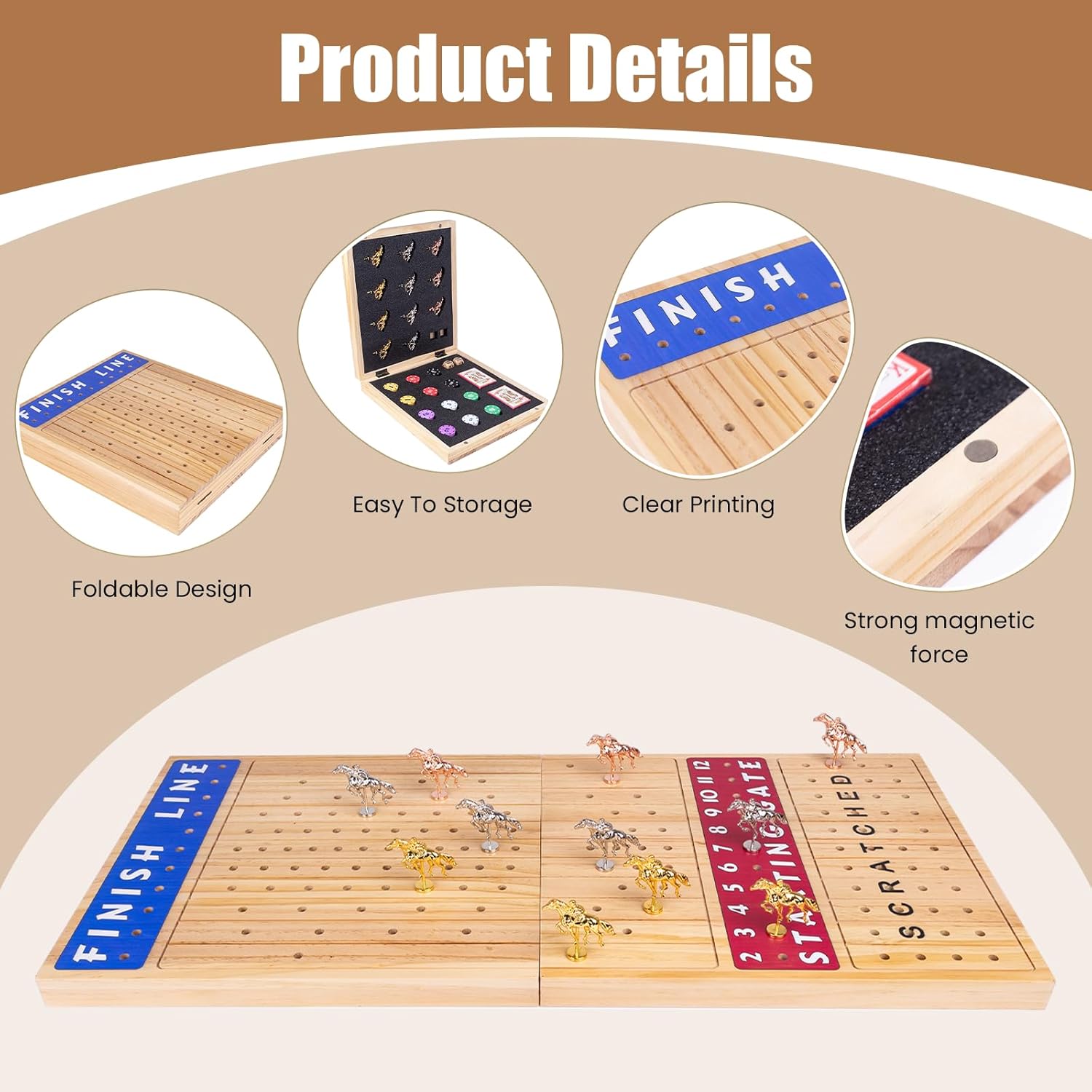 Extra Large 28 inches Foldable Horse Race Board Game for Adults,Thickened Wood Chessboard,Includes 11 Luxurious Metal Horses, 60 Chips,2 Dice,2 Boxes of Cards,Classic Wooden Table Top Board Games