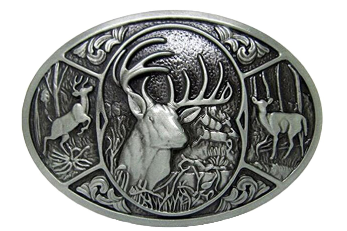 Bai You Mei Men's Western Silver Deer Hunting Woods Buck Southern Antler Head Belt Buckles