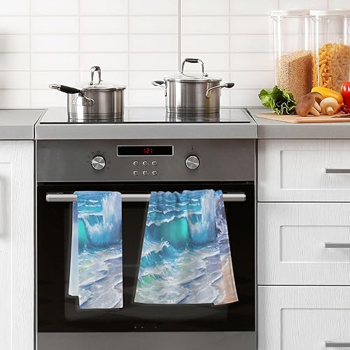 Miniatura 5 de Kigai Juego de 2 toallas de mano de océano tropical, altamente absorbentes, de algodón suave, toalla decorativa para baño, para playa, gimnasio,