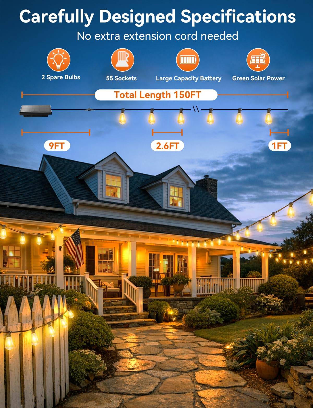 Brightever Solar-Lichterkette für den Außenbereich, wasserdicht, mit Fernbedienung, 55 + 2 bruchsichere ST38-LED-Leuchtmittel, dimmbar & 3 Beleuchtungsmodi, warmweiß, Solar-Terrassenleuchten für
