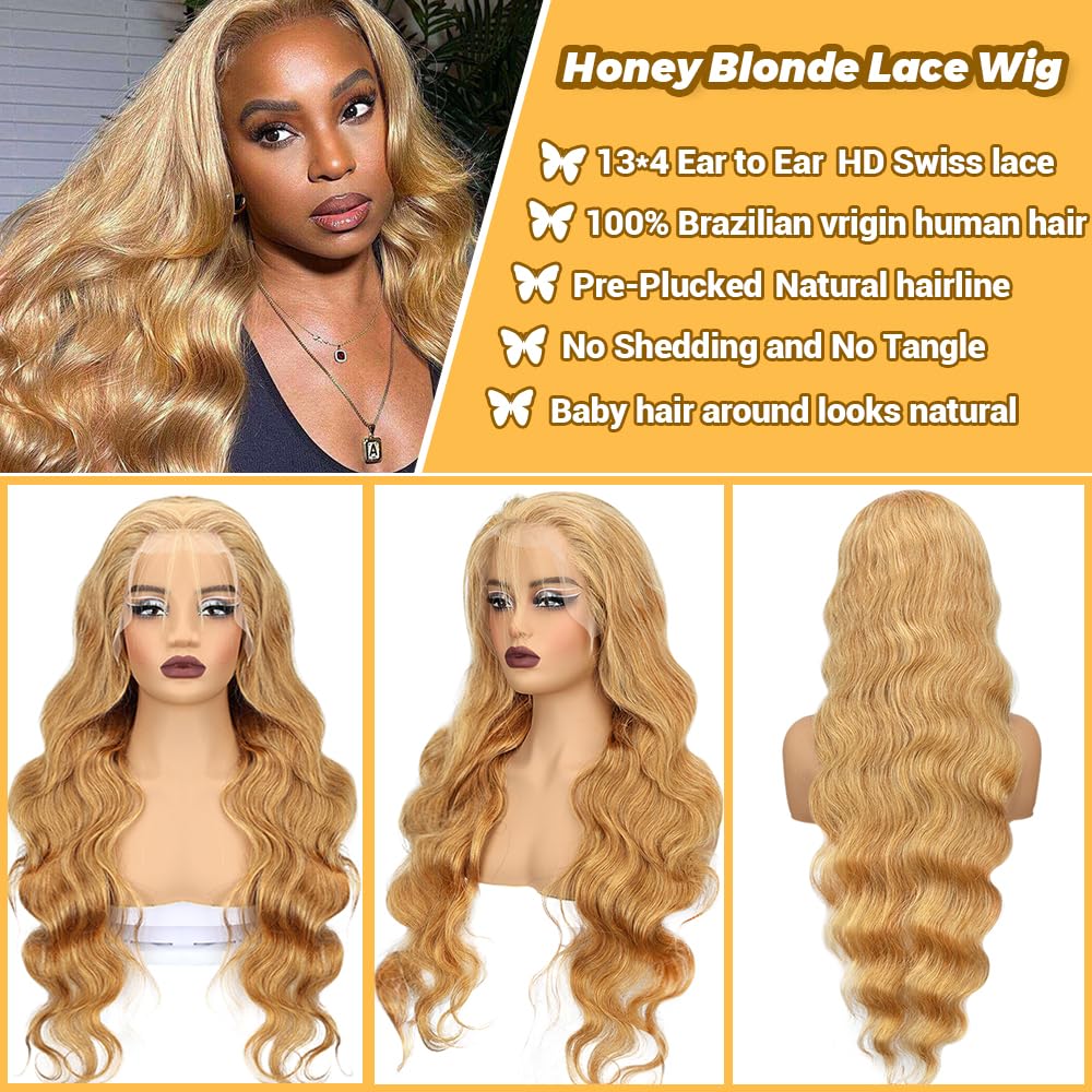 SOSATISFY Body Wave Honey Blonde Wig Human Hair 13x4 Honey Blonde HD Lace Front Wig Human Hair 200% Density 27# Colored Human Hair Wigs Pre Plucked with Baby Hair (28 inch)