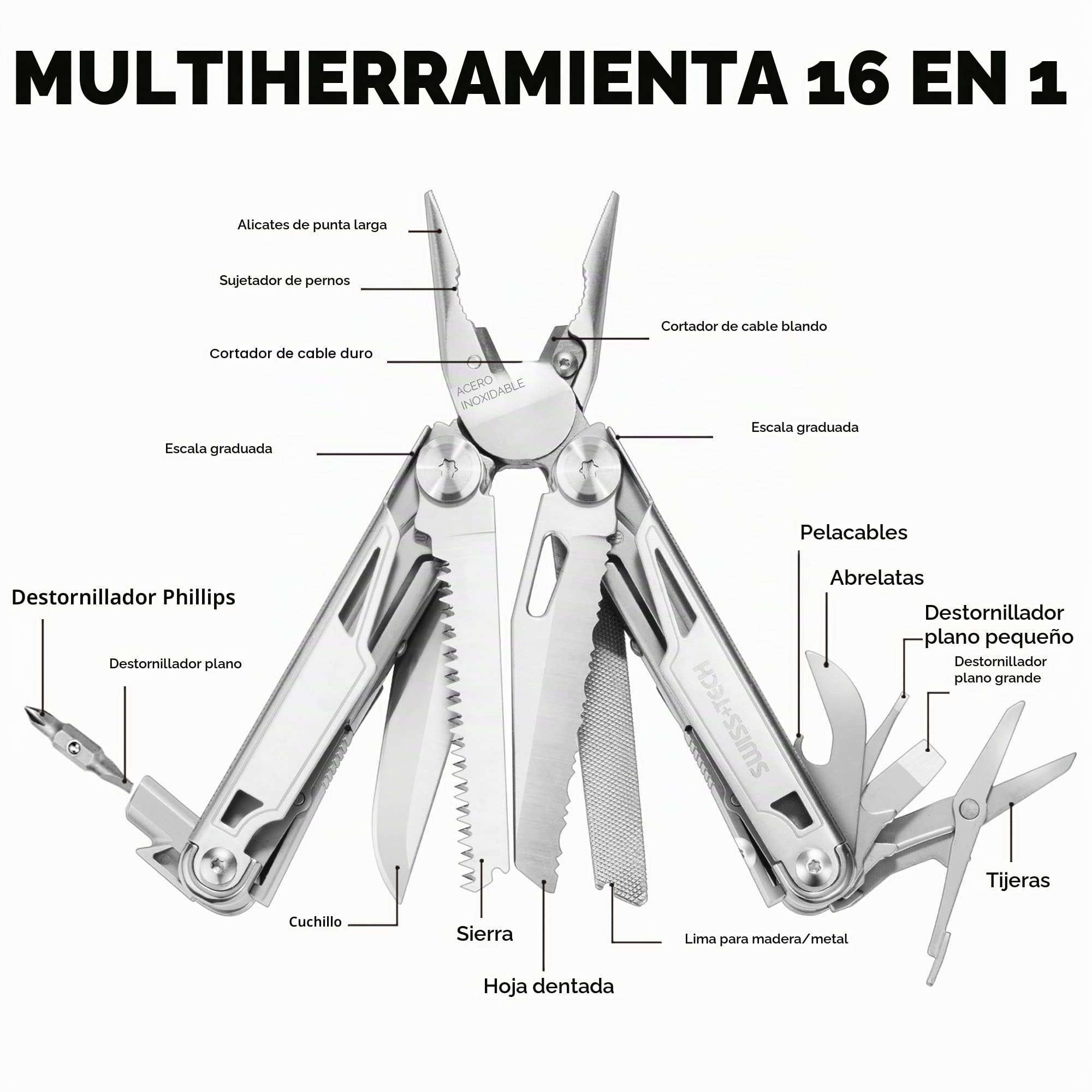 Swiss+Tech Alicate Multiuso 16 en 1, Navaja de Acero Inoxidable con Bolsa Oxford, Multiherramienta Plegable, Multifunción Sierra para Acampada y Senderismo, etc