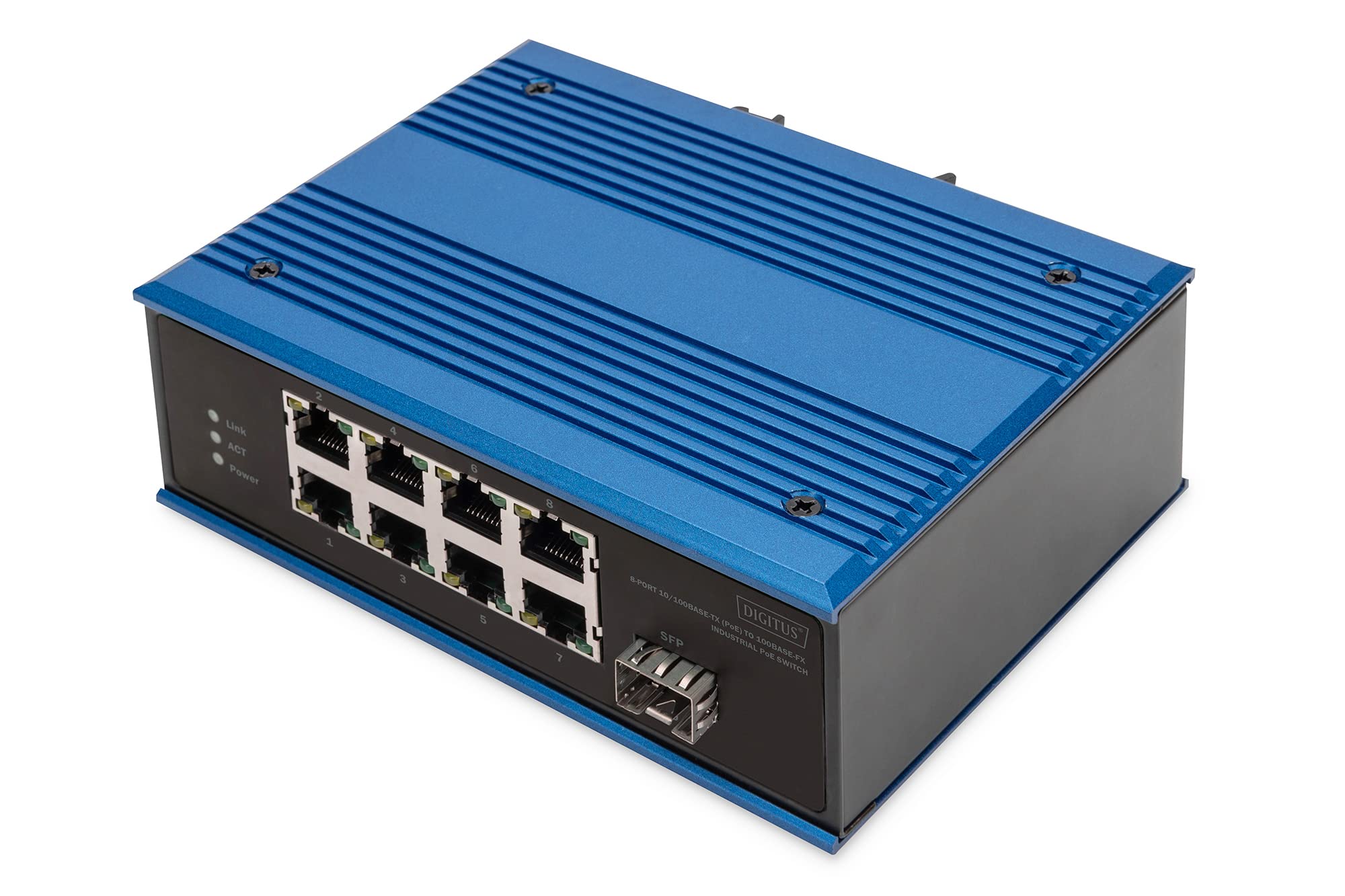 DIGITUS PoE Netzwerk-Switch - 9-Port Fast Ethernet - 8X RJ45 + 1x SFP-Port - Unmanaged - 10/100 Mbit/s - Hutschienen & Wandmontage - IP40 - Industrial Serie - Blau