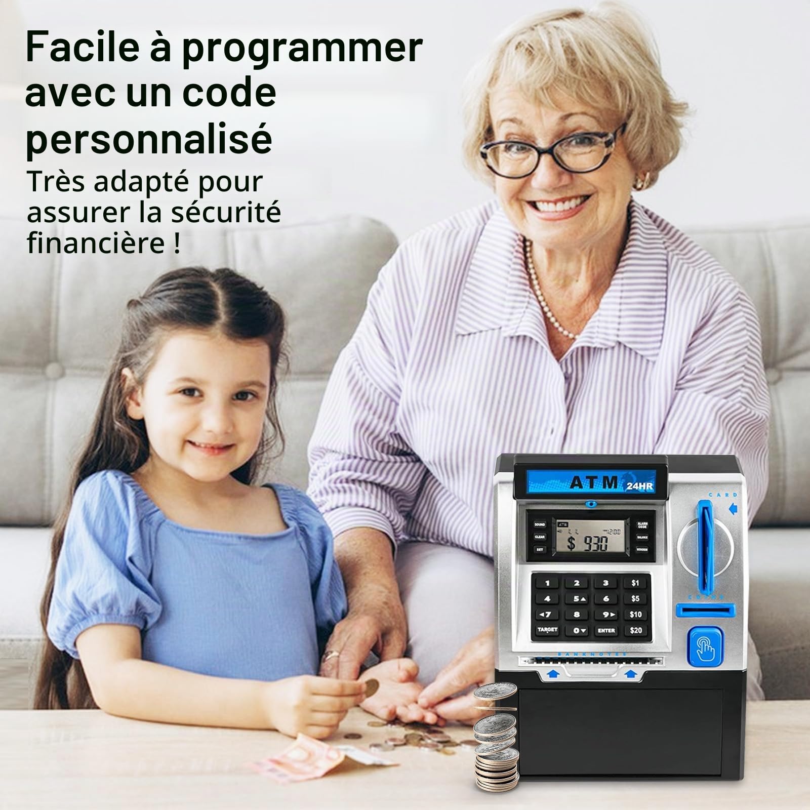 Banque D'épargne ATM électronique, Tirelire électronique avec Automatique Argent Faire Défiler Mini ATM Coffre-Fort avec Carte de Débit Invite Vocale de Connexion de Mot de Passe