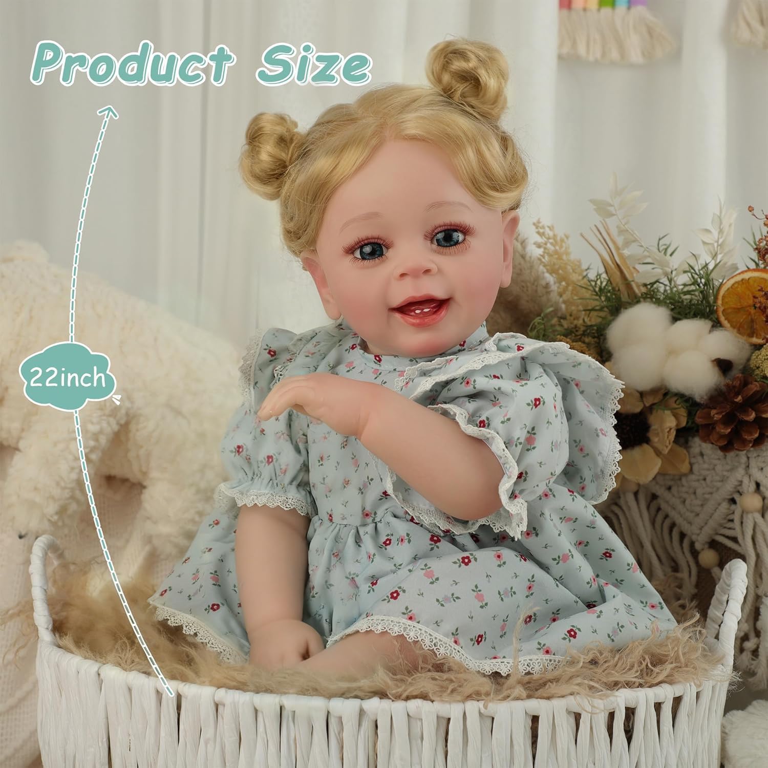 Realistic Reborn Baby Doll Girl, 22 inch Lifelike Baby Dolls That Look Real Life Size Laughing Muñecas para Niñas Soft Cloth Body Vinyl Limbs & Teeth Curly Blonde Hair for Kids Age 3+ Gift