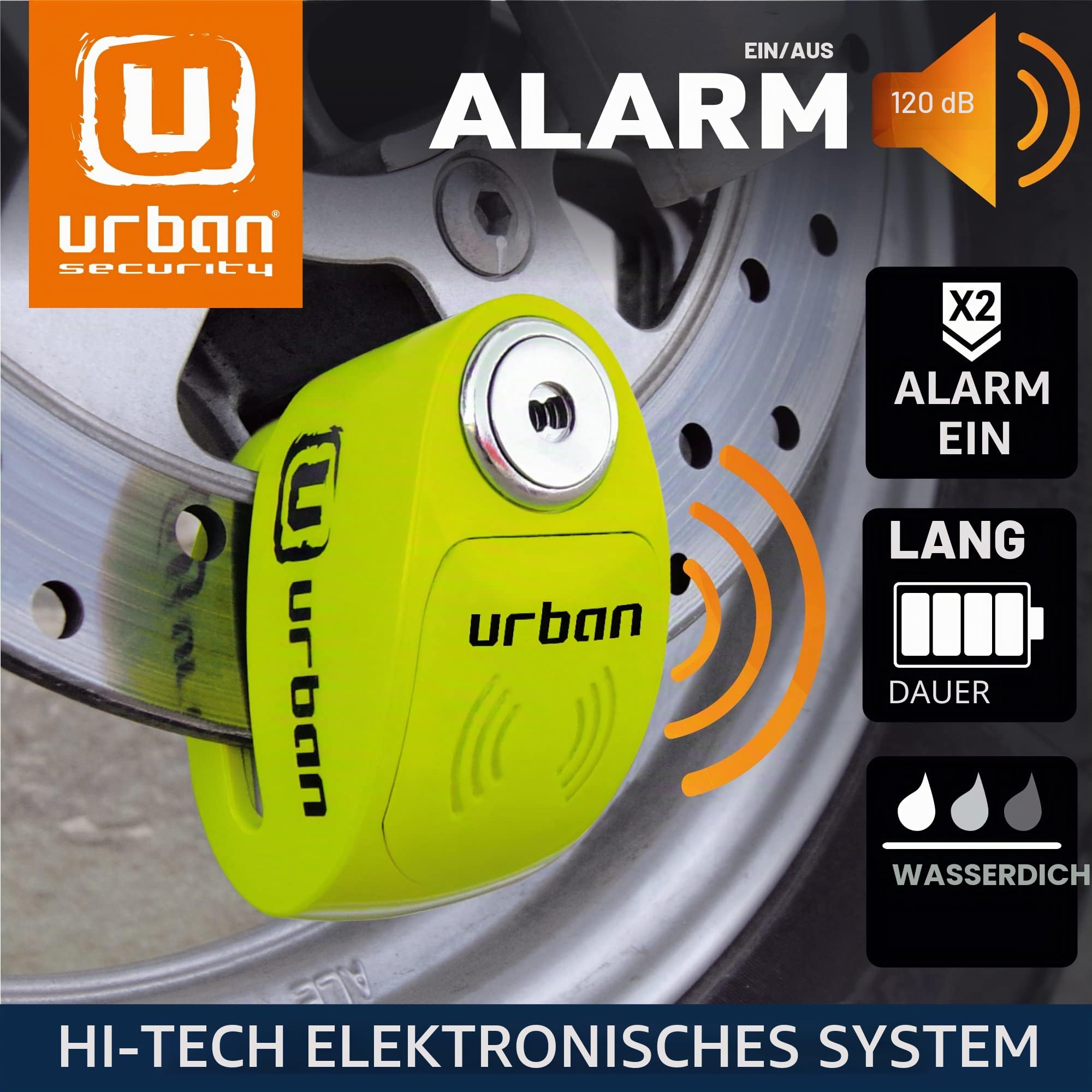 URBAN UR906X Bremsscheibenschloss Alarm 120dB ON/OFF Optionale Aktivierung, Austauschbares Modul, Langlebige Batterie, Erinnerungskabel, Sehr Sichtbar, Universal Diebstahlsicherung Motorrad Roller