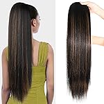 SEIKEA Ponytail Extensions Drawstring Long Straight Fake Pony Tail Natural Soft Clip in Hair Extension Synthetic Heat Resistant Hairpiece 28 Inch Ombre Black Roots Black Caramel Blonde Highlights