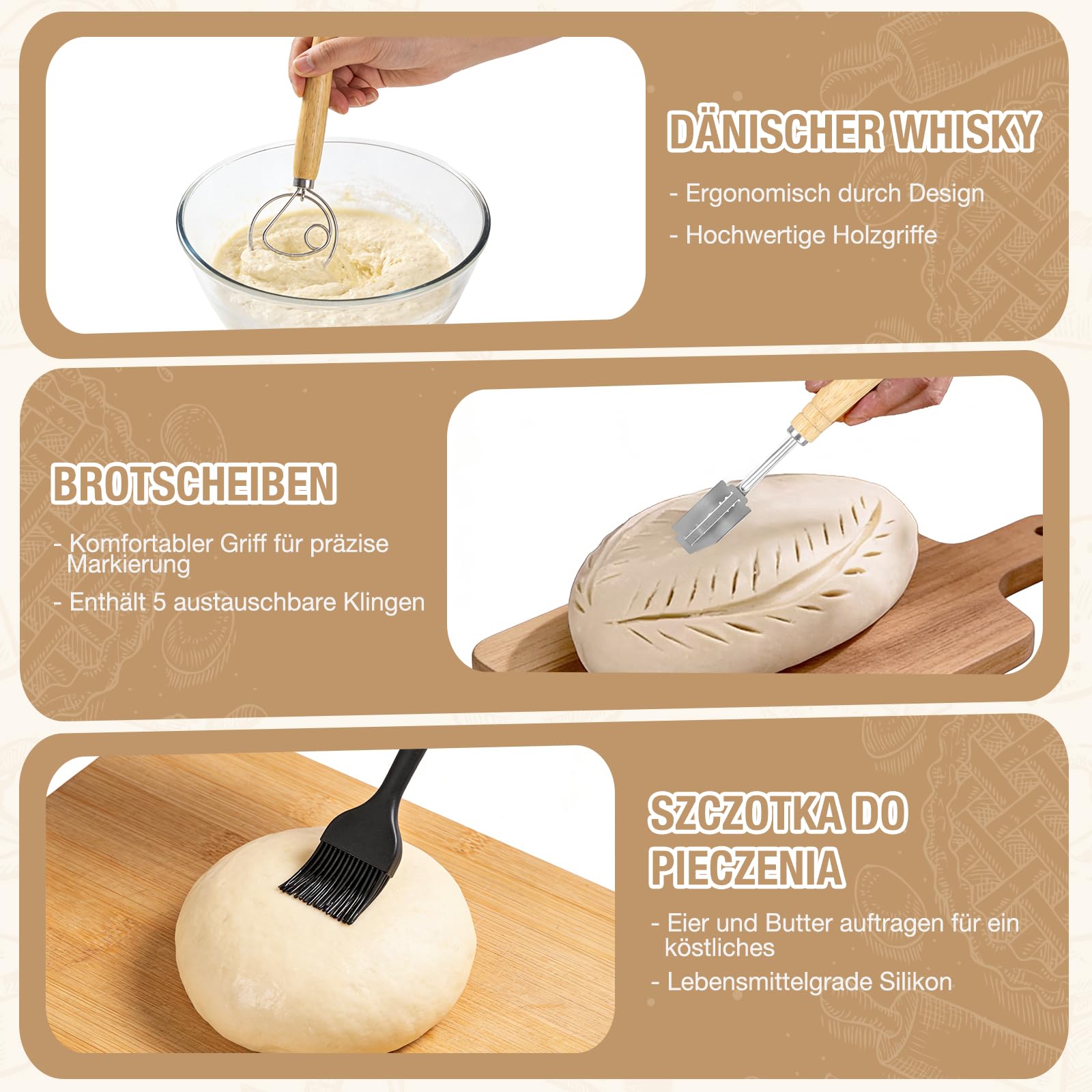 Sauerteig Starter Set,13-teilig Brotgärkorb -Set- aus Silikon，Komplettset Brot Backen Zubehör, Geschenk für Anfänger und Erfahrener Bäcker(23cm rund & 25cm oval)