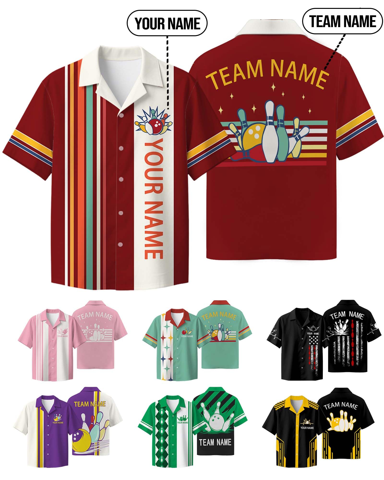 Personalisiertes Bowling-Shirt Poloshirt mit Namen Logo f��r Herren Damen individuelle Retro Team Uniform Geschenk, S-4XL