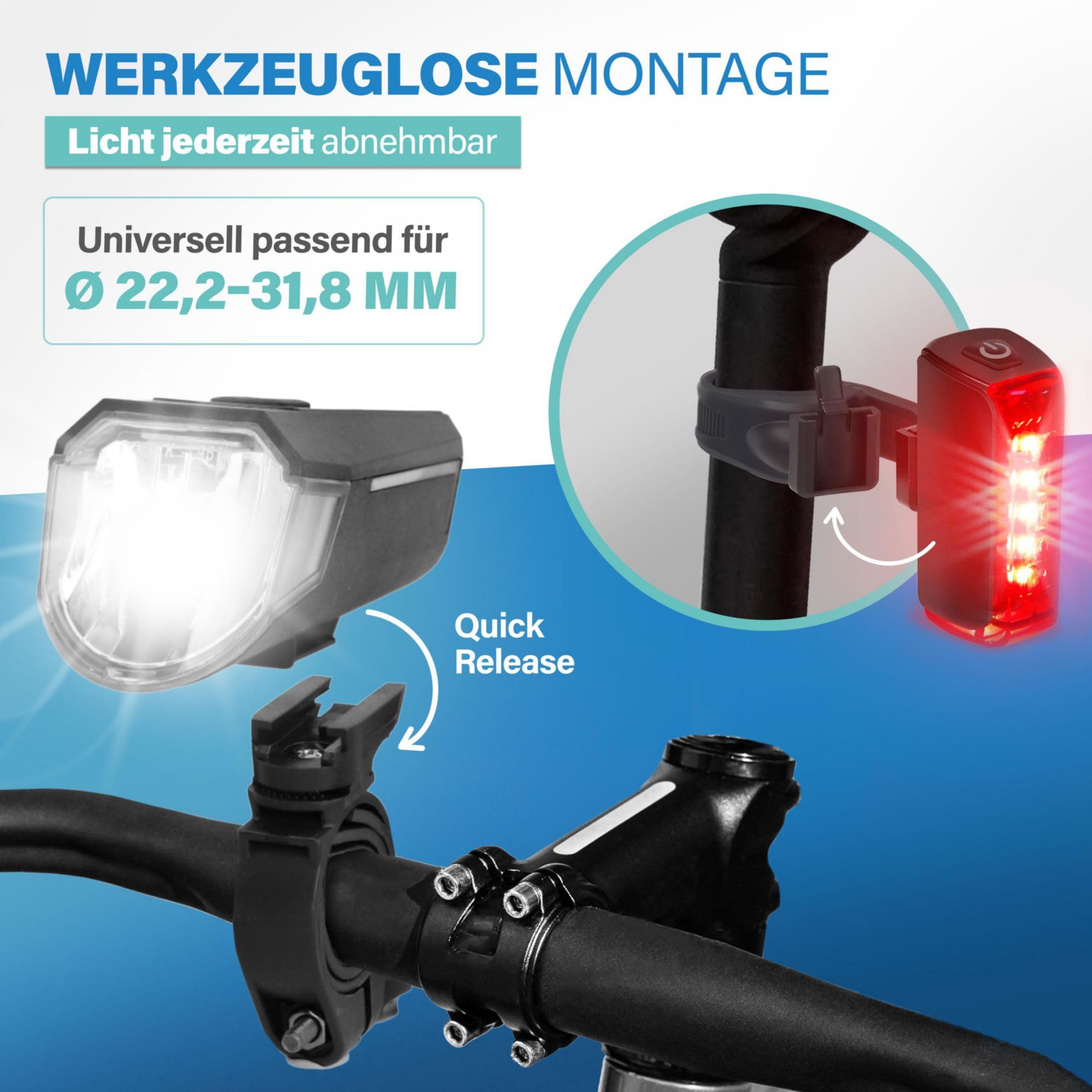 FISCHER Set di luci doppie per bicicletta, illuminazione a 360°, lampada a LED per bicicletta, 80 Lux, batteria ricaricabile con USB C, montaggio anteriore e posteriore senza attrezzi