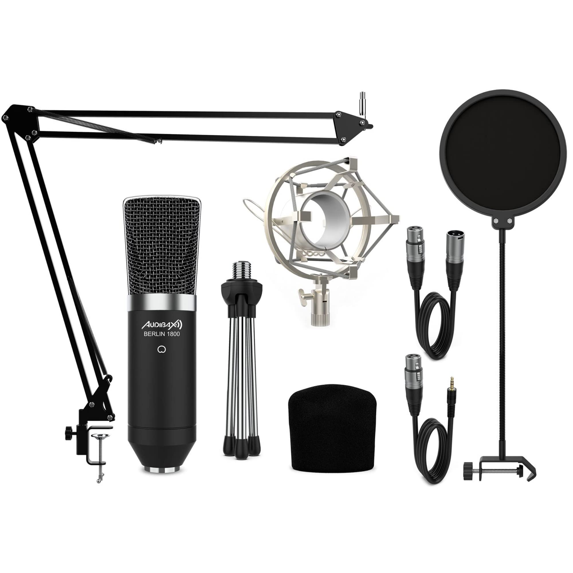 Audibax Berlin 1800 Silver Pro Studio mikrofon Condesandor, w zestawie uchwyt, anty-pop i kabel, zakres częstotliwości 20 Hz/20 kHz, mikrofon polarny, kardioid, srebrny