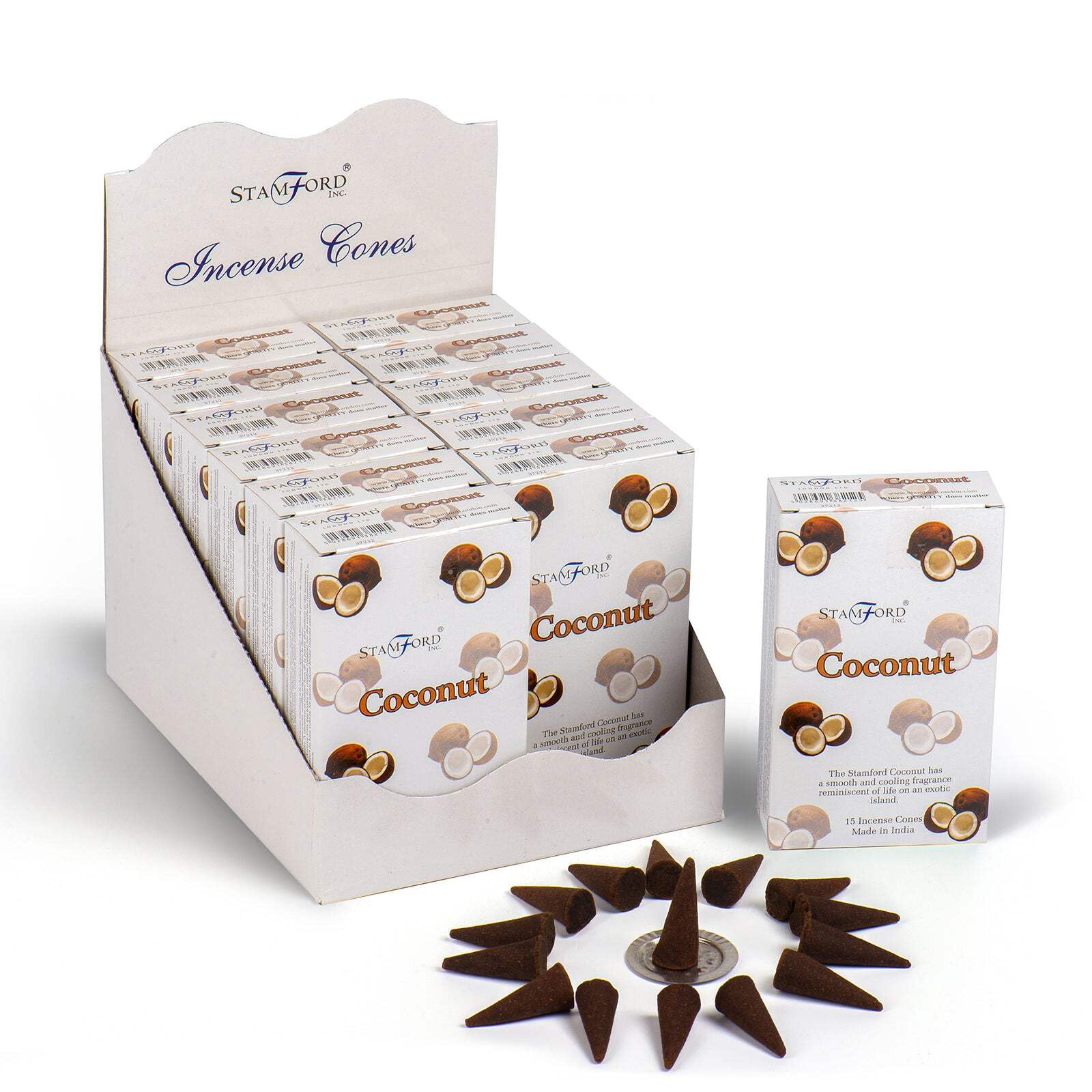 Stamford Coconut Incense Cones: Relaxing, Long-Lasting Fragrance, Home Refreshment, with Metal Holder – Pack of 15