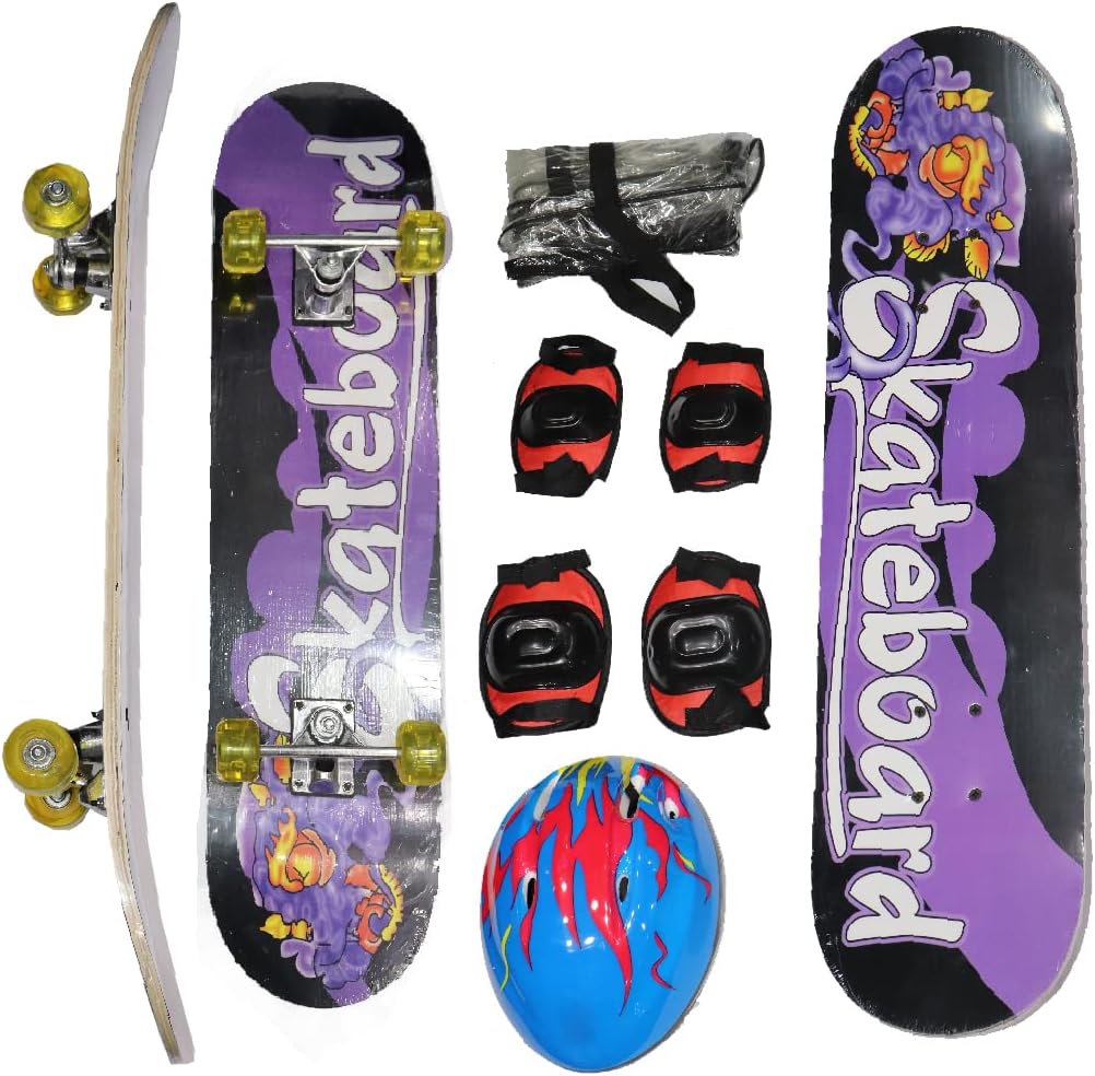Marshal Fitness Standard Skateboards 31-Inch Complete Skateboard Competition Professional Double Kick Tricks Skate Board 8 Layer Combo set with helmet and protection Set Assorted color.-MF-0343
