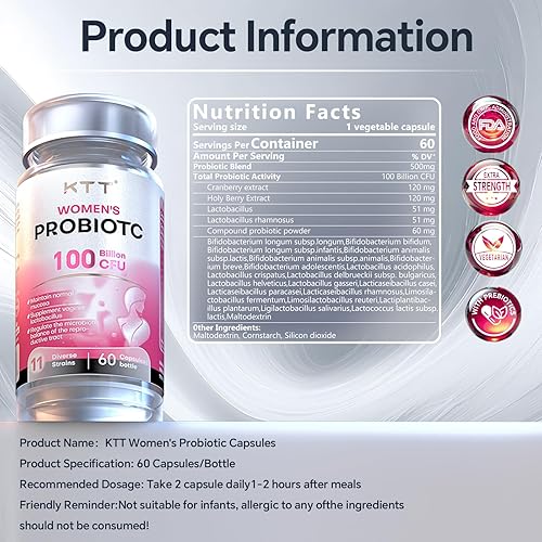 Miniatura 9 de KTT Probióticos vaginales, equilibrio de pH para mujeres, 100 mil millones de UFC probióticos para mujer para salud vaginal, urinario, control de