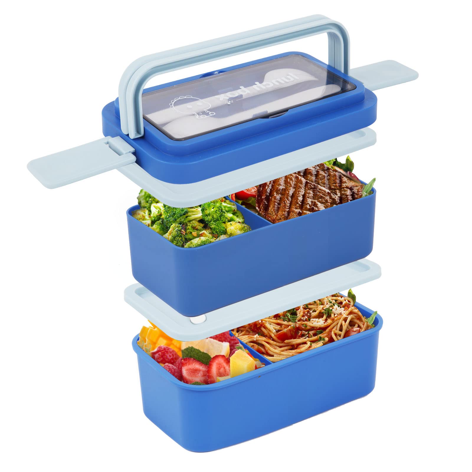 Bento Box Adults Lunch Box,Stackable Lunch Box Containers 1450ML with Spoon Fork Bag Accessories,Durable Leak-proof Lunch Box Kids/ Adults for Dining Out,Microwave Dishwasher Freezer Safe,Blue