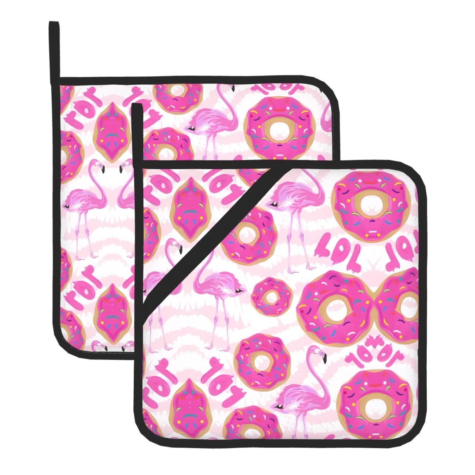 WHJSHOP Flamingo and donuts Prints Square Hot Pads for Kitchen Counter - Thick Heat Resistant Trivets for Microwave & Oven, BBQ Grilling Cover (2 Pack)