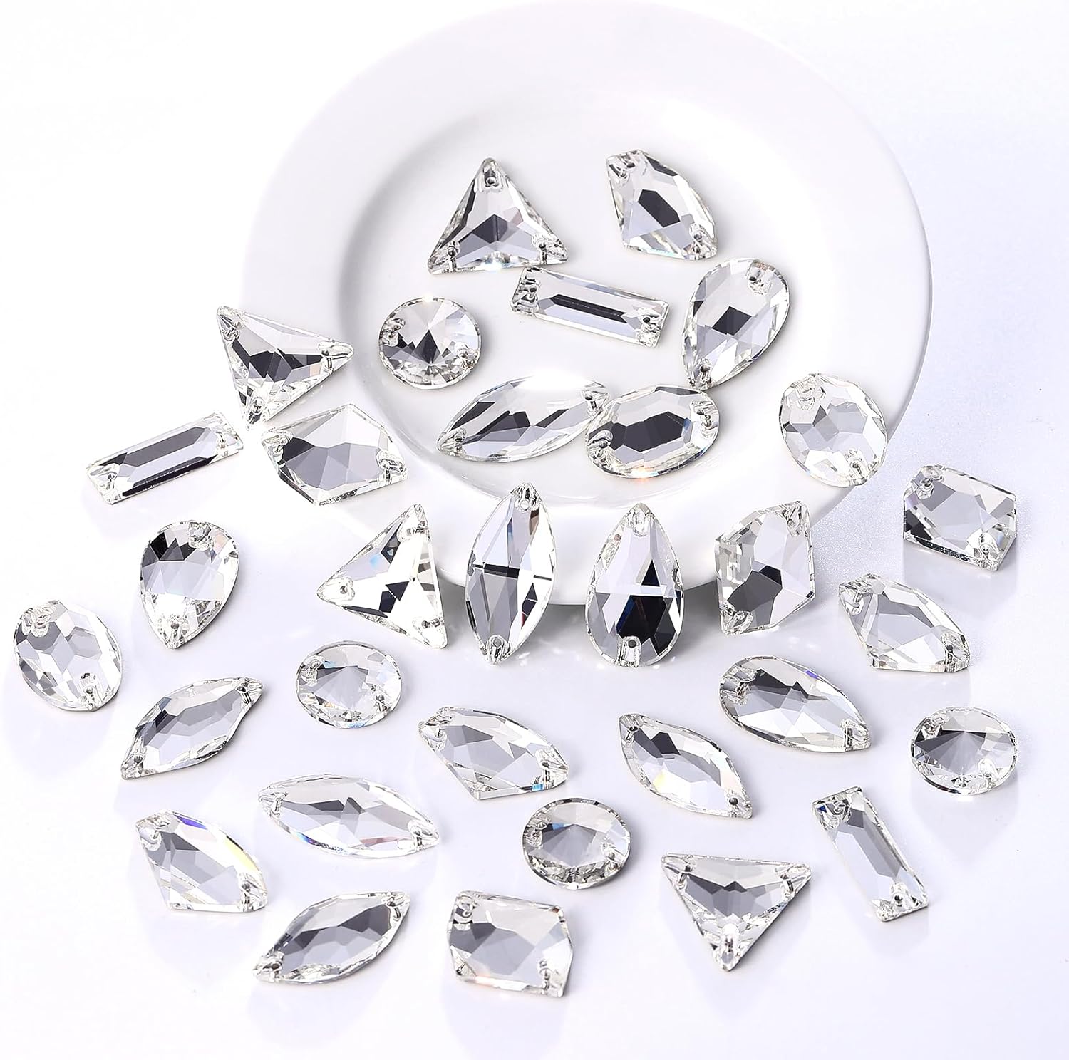 Sew On Crystal Gems Mix Shape Glass Rhinestones with Holes Flatback Rhinestones for Clothes Costume Dresses, Shoes, DIY Crafts, White