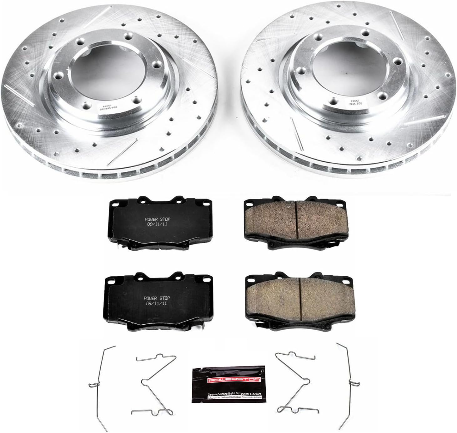 PowerStop Front Brake Kit For Lexus LX450 1996-97 | Toyota Land Cruiser 1993-97 - Drilled and Slotted Disc Rotors with Ceramic Brake Pads Replacement, K1154