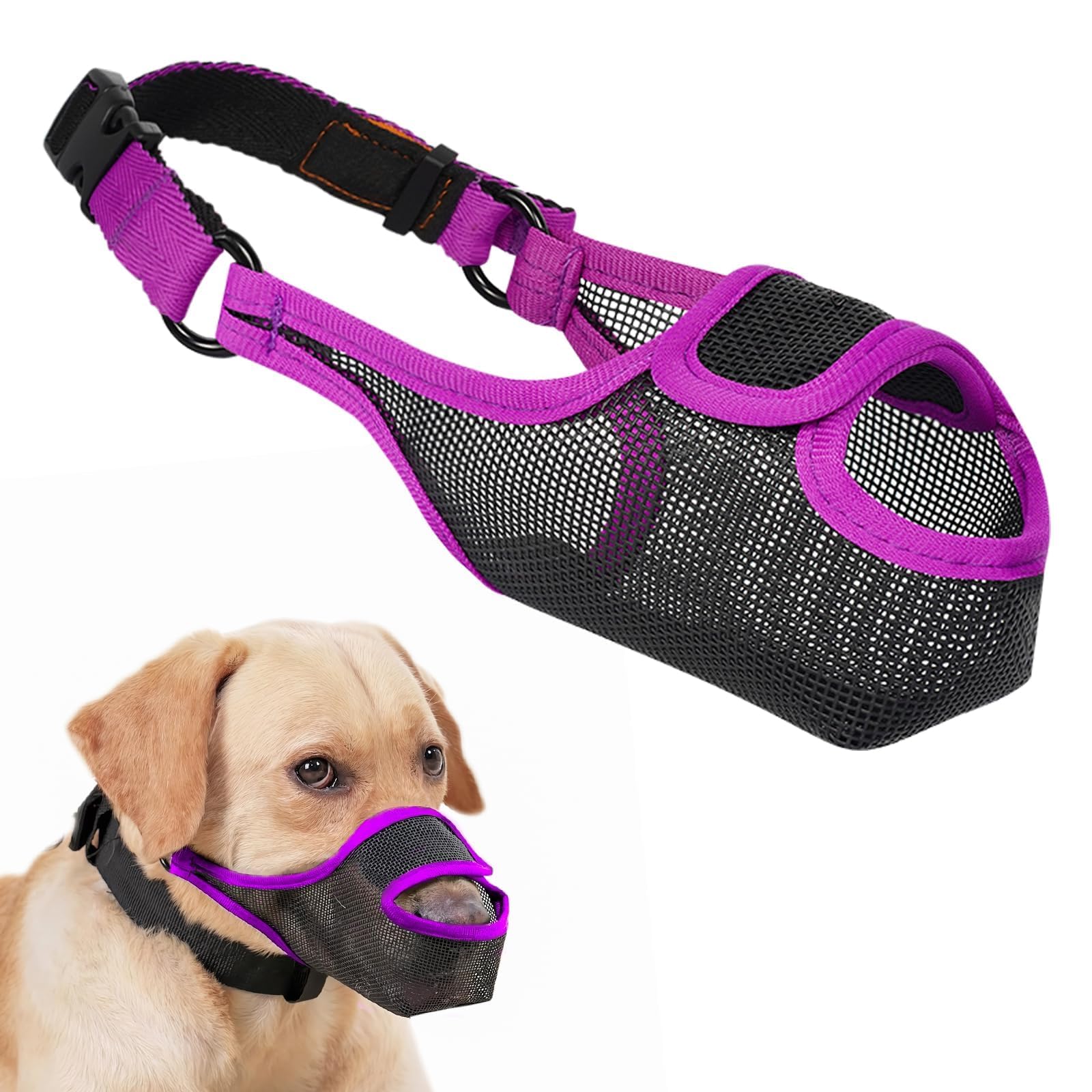 LUCKYPAW Dog Muzzle, Patented Mesh Muzzle for Large Medium Small Dogs Allows Full Pant Drinking Mouth Cover to Prevent Biting Chewing Scavenging
