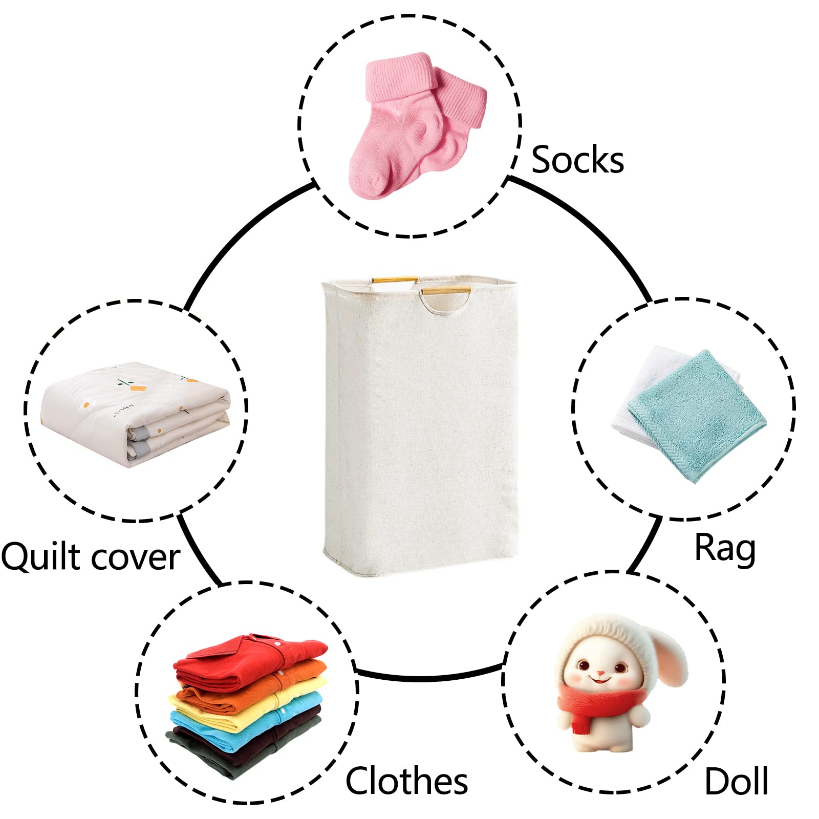 Fousenuk Cesto Ropa Plegable Blanco Gran 39×53×27 cm, Cesto Ropa Sucia Portátil con Mango de Madera, Cesta Ropa Sucia Puede Usar Dormitorios, Salas Estar, Habitaciones Niños, Baños, Viajes