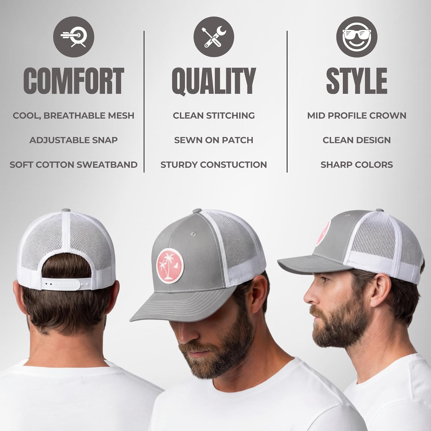 LINDO Trucker Hat [ Palm Tree 2.0 Design ] for Men and Women: Mid Profile Cap with Breathable Mesh Back and Adjustable Snap - Image 2