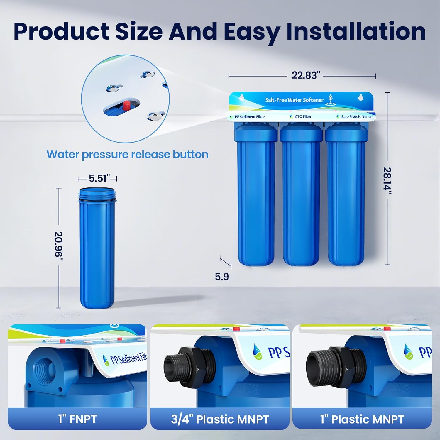 Whole House Salt Free Water Softener, Salt-Free Water Filter System, Prevent Water Scale Buildup, Salt-Free Water Softener Alternative, Without Salt and No Waste Water, Protect Appliances, 1" FNPT