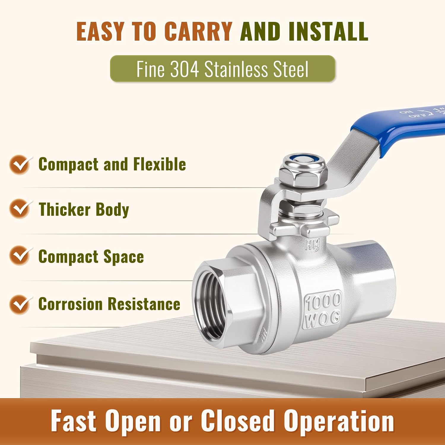 2Pc 304 Stainless Steel Ball Valve, NPT Female Full Port Ball Valves with Heavy Duty Blue Vinyl Insulation Handle (2, 3/4 Inch)