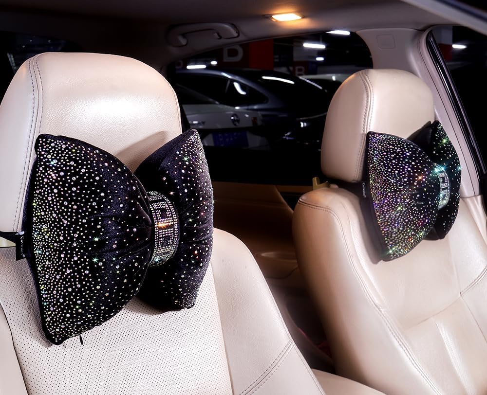 Carwales Bow Neck Support Pillow for Driving Seat Travel Head Rest Sparkly Bling Car Accessories Sparkly Rhinestone Headrest Black 2pcs for Women Men