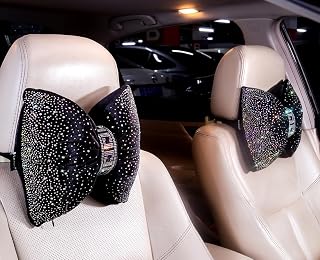 Bling Bow Neck Support Pillow for Driving Seat Headrest Car Accessories 2pc | Sparkly Decorative Head Rest, Travel Relax, Rhinestone Chair Cushion, Black 2pcs for Women Men