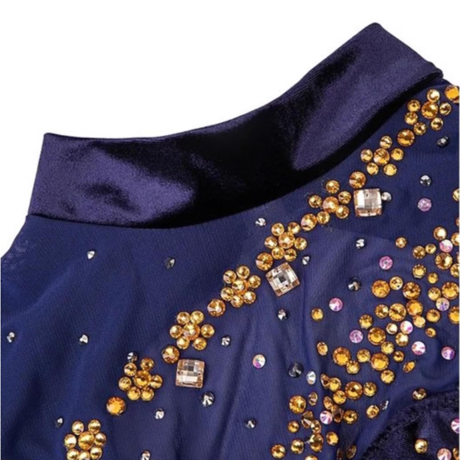 Kürkleider Eiskunstlauf Kleid für Damen, Lyrisches Ballett Tanzkostüm Lila Hoher Ausschnitt Voller Strass Handgemacht Turnanzug Mädchen Langarm