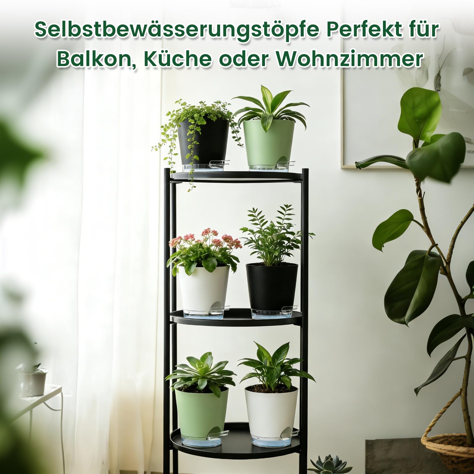 WSMKSZ 7er Set Blumentopf Selbstbewässernd, 20/17,6/16,3/15/13,8/12,5/10,2 cm Kunststoff Pflanztöpfe mit Transparentem Wasserreservoir, Sichtbarer Wasserstand & Abflusslöchern, mit Baumwolldocht, Weiß