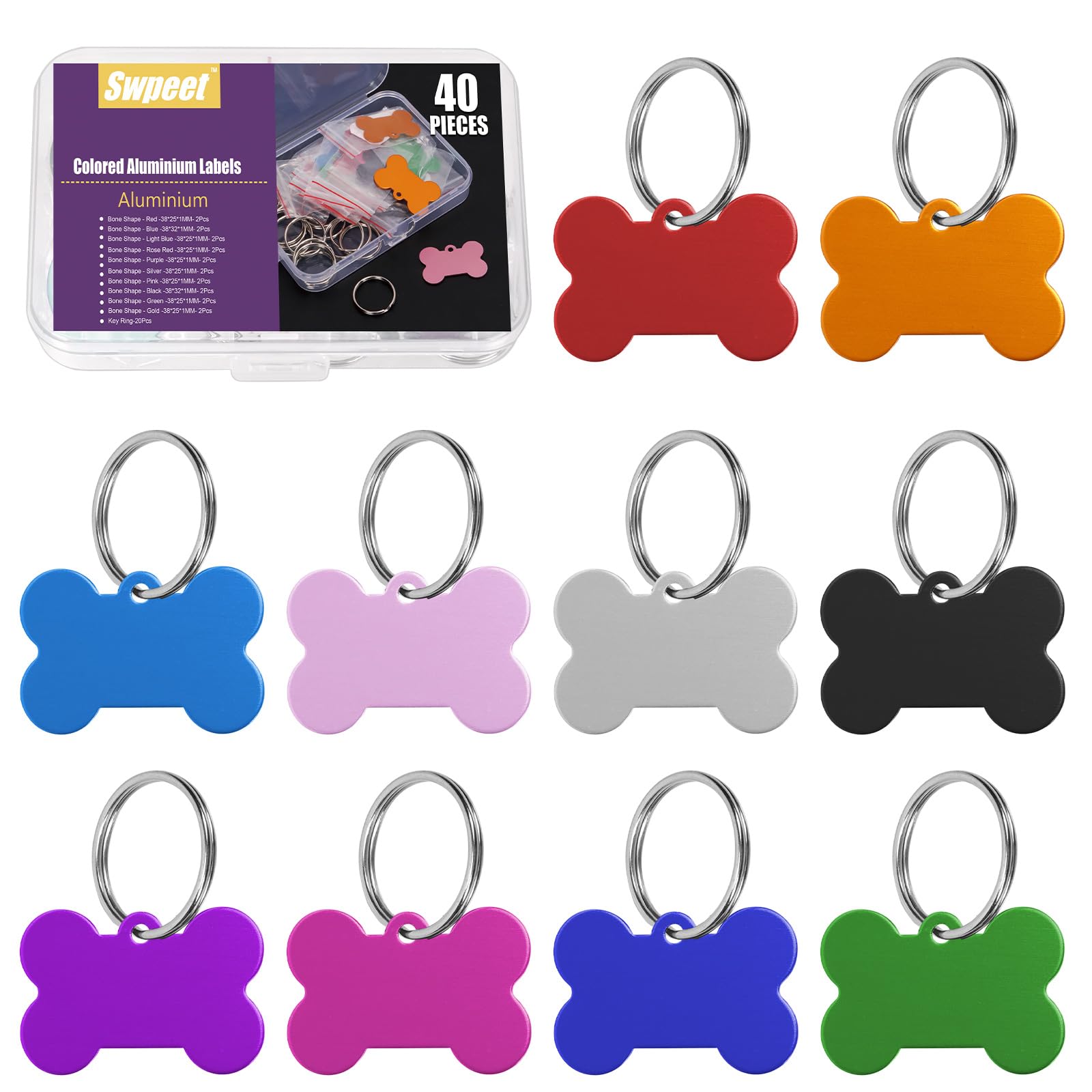 Swpeet 40Pcs 10 Colors 1.4" x 1.2" Round Aluminum Blank Tags with Key Ring Assortment Kit, Engraving Stamping Blank Tags Pet ID Tag for Pendant Decoration, DIY Keychains and Pets Tag Project