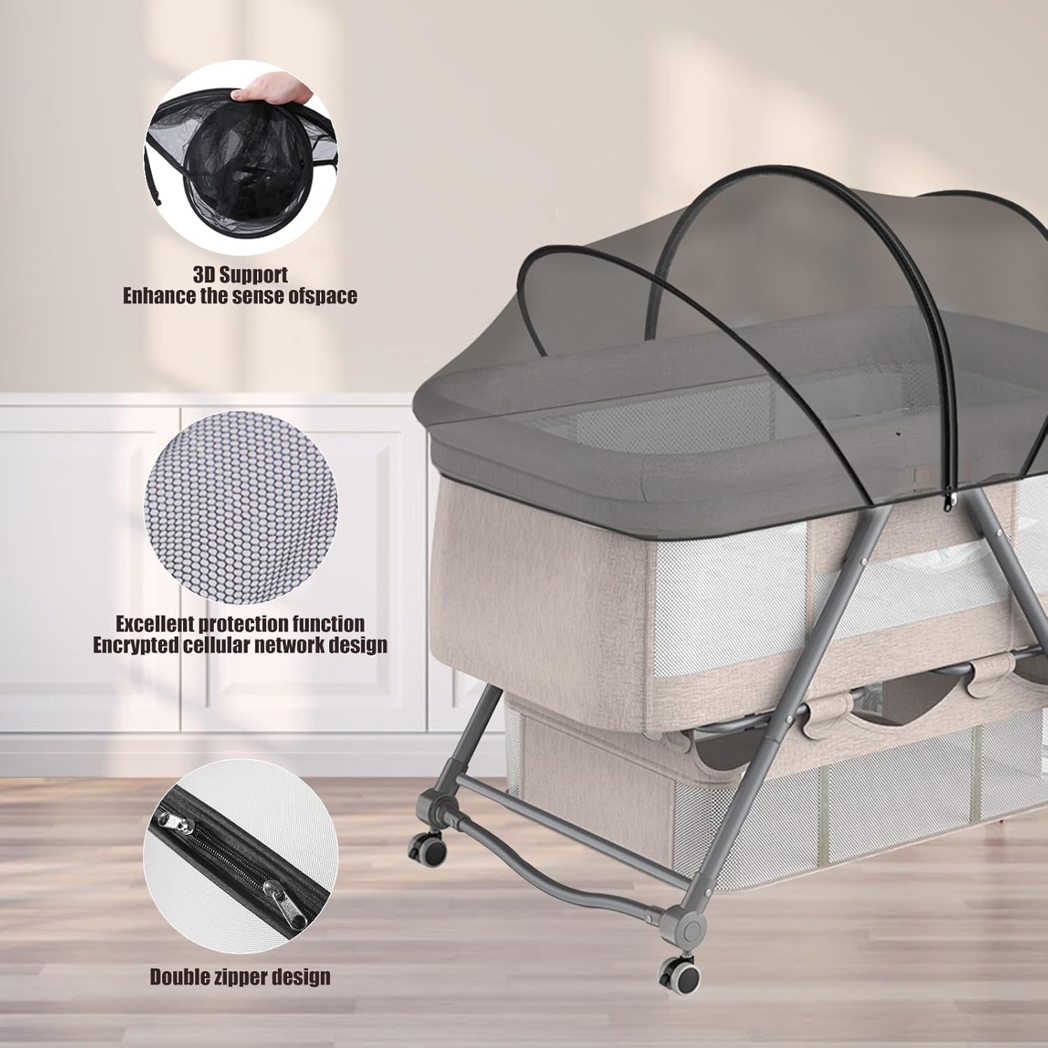 Bassinet Cover with Two-Way Zipper,Portable Bassinet Mosquito Net Cover for Cats to Keep Pets Out(Black)