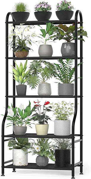 Yutrchey 5-Tier Metal Plant Stand Indoor Outdoor, Waterproof Flower Stand for Multiple Pots, Heavy Duty Plant Stands for Living Room Patio Garden Decor, Tall Plant Shelf with Leveling Feet, Black