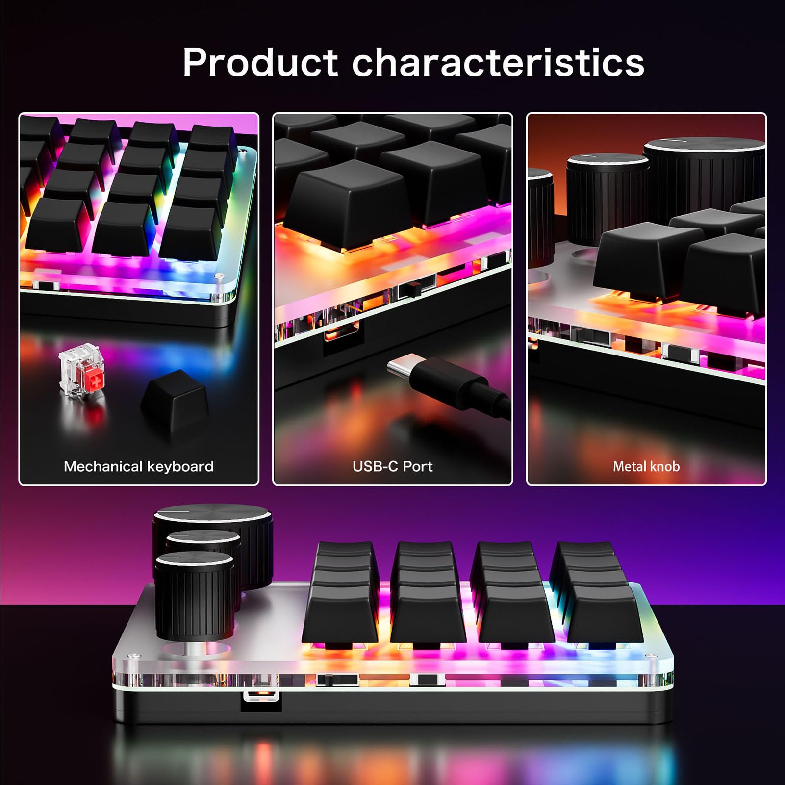 Tosuny Tastiera Macro Programmabile, Tastiera da Gioco Bluetooth a 16 Tasti con 3 Manopole e Controller del Volume, Macro OSU Retroilluminata a LED RGB per Wins, OS X (con (BLACK)