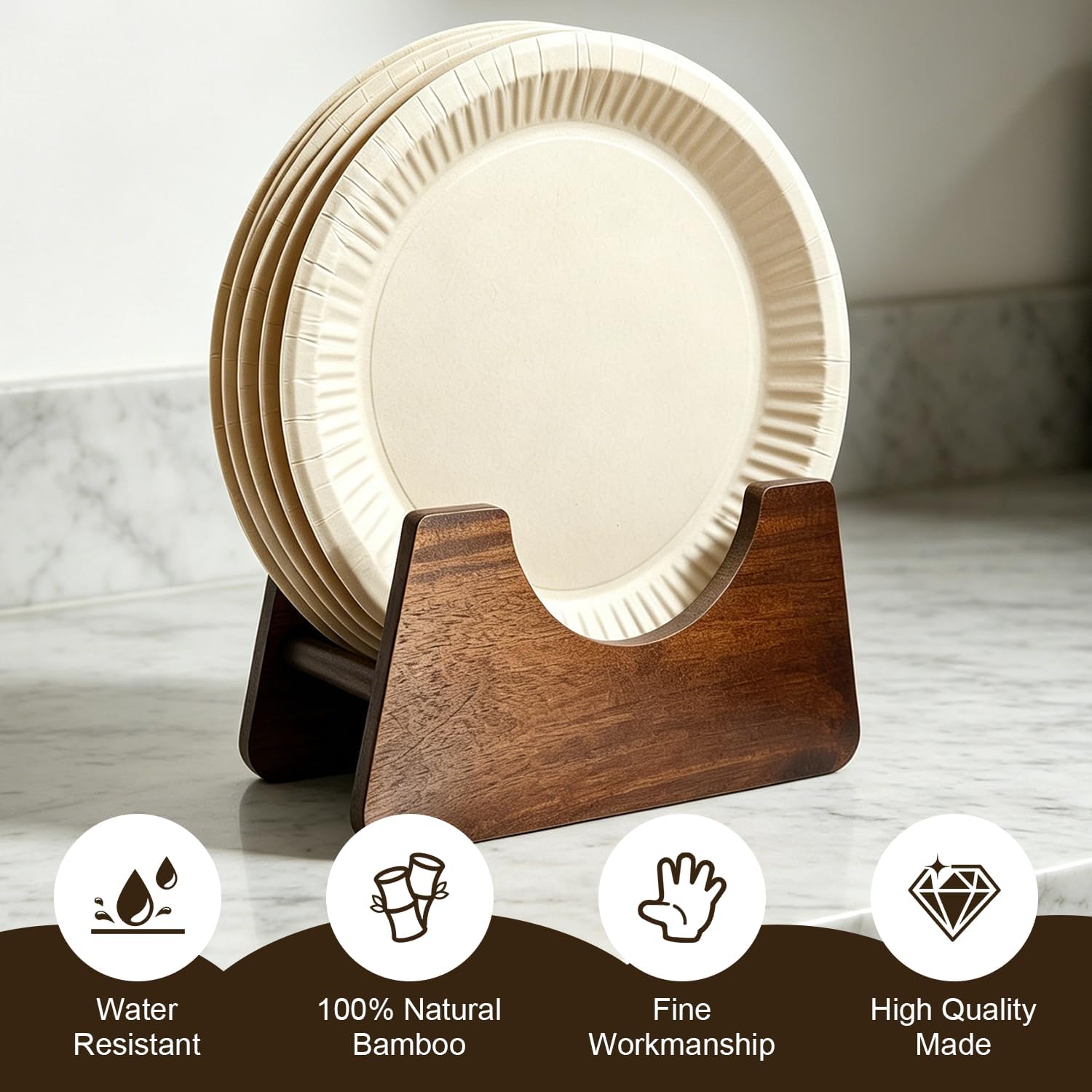 Paper Plate Holder, Acacia Wood Storage Organizer for 7-10" Plates