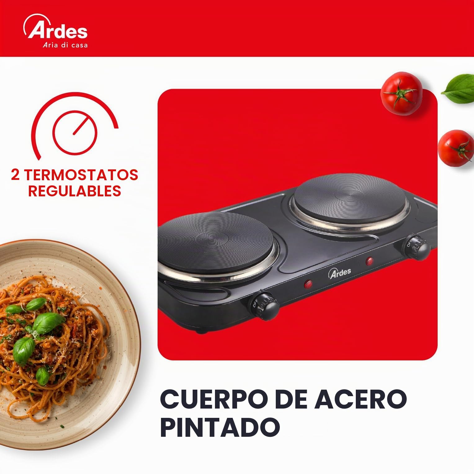 ARDES Hornillo eléctrico para cocinar, de 2500W en acero pintado para Camping y Cocina con 2 Placas de fundición Diámetro 15,5cm y 18 cm y 2 Termostatos Modelo TIKAPPA AR1F21 Negro