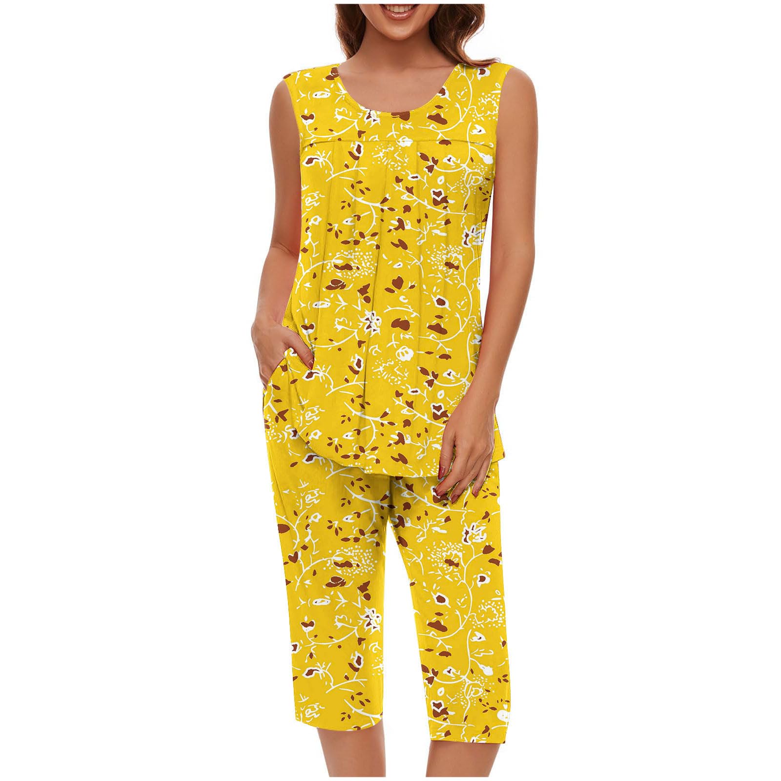 Pajama Sets for Women Summer Plus Size Lounge Sleepwear Loose Sleeveless Tops Printed Bermuda Shorts with Pockets — view 22