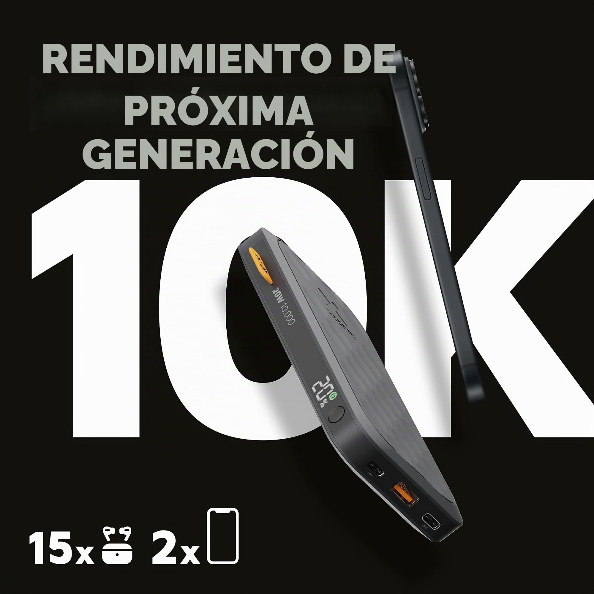Batería Externa de 20 W, Serie Fuel Bank, 10.000, Color Negro Medianoche