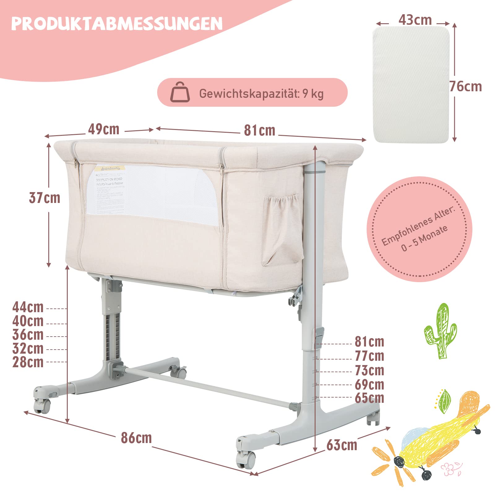 COSTWAY 3 in 1 Beistellbett & Babywiege & Reisebett, 5-stufig Höhenverstellbares Babybett, neigbar, Kinderbett inkl. Matratze, Tragetasche, Stubenwagen für Babys bis 9kg belastbar (Beige)