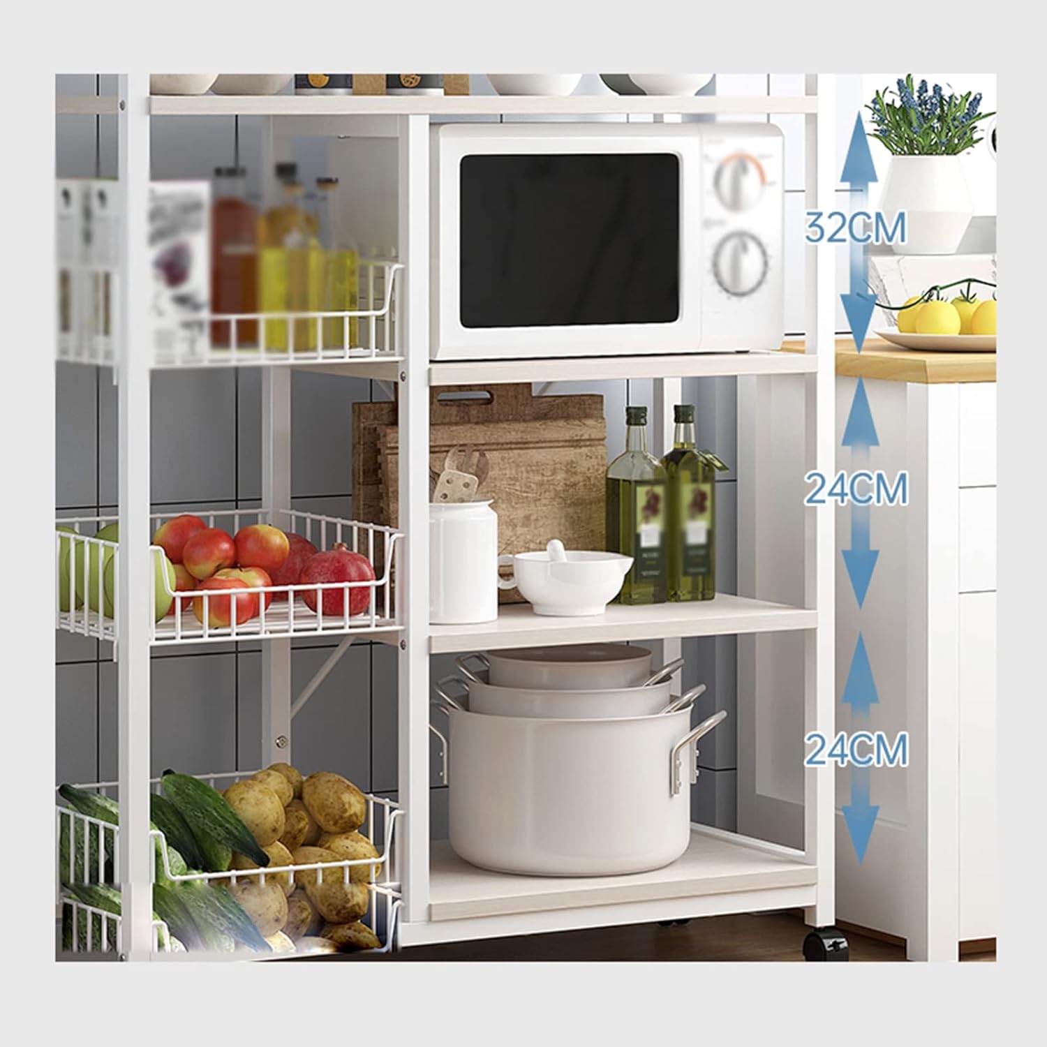 Kitchen Storage Rack with Wheels Microwave Oven Stand Storage Cart with Wire Basket Metal Frame Utility Shelves Blanc Color Ideal for Bakers and Cooks,Black-M