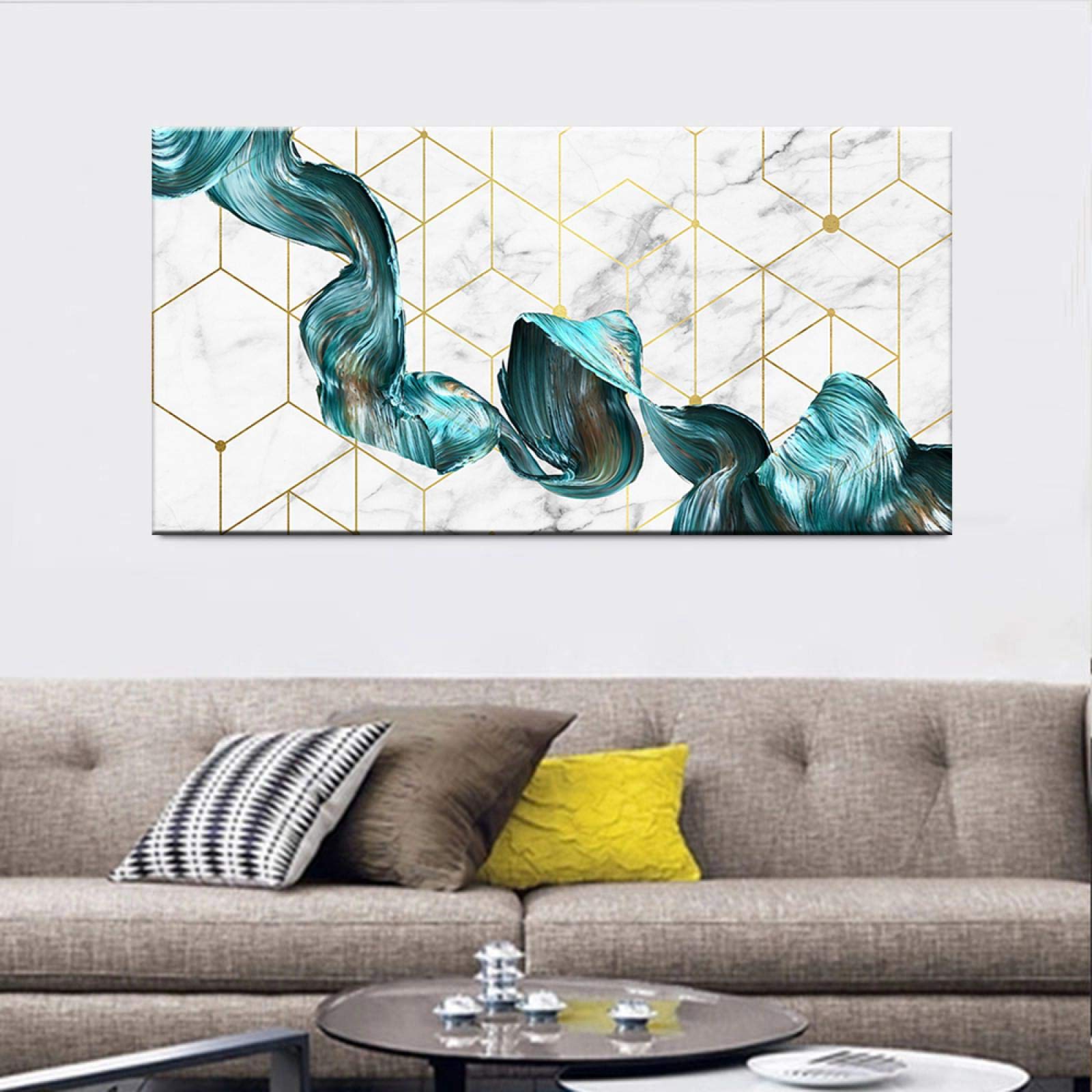 Arte decorativo nórdico abstracto Mármol Textura de mármol Cartel abstracto Arte de pared verde dorado Impresión Lienzo moderno Pintura en tinta 70x140cm (28x55in) Con marco