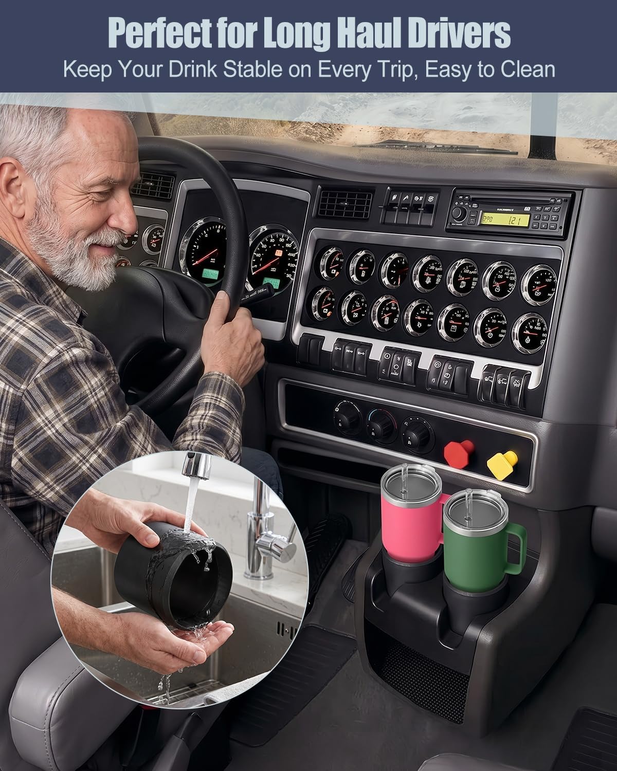 Cup Holder Insert Compatible with Kenworth W900, Truck Cup Adapter 86mm Fit