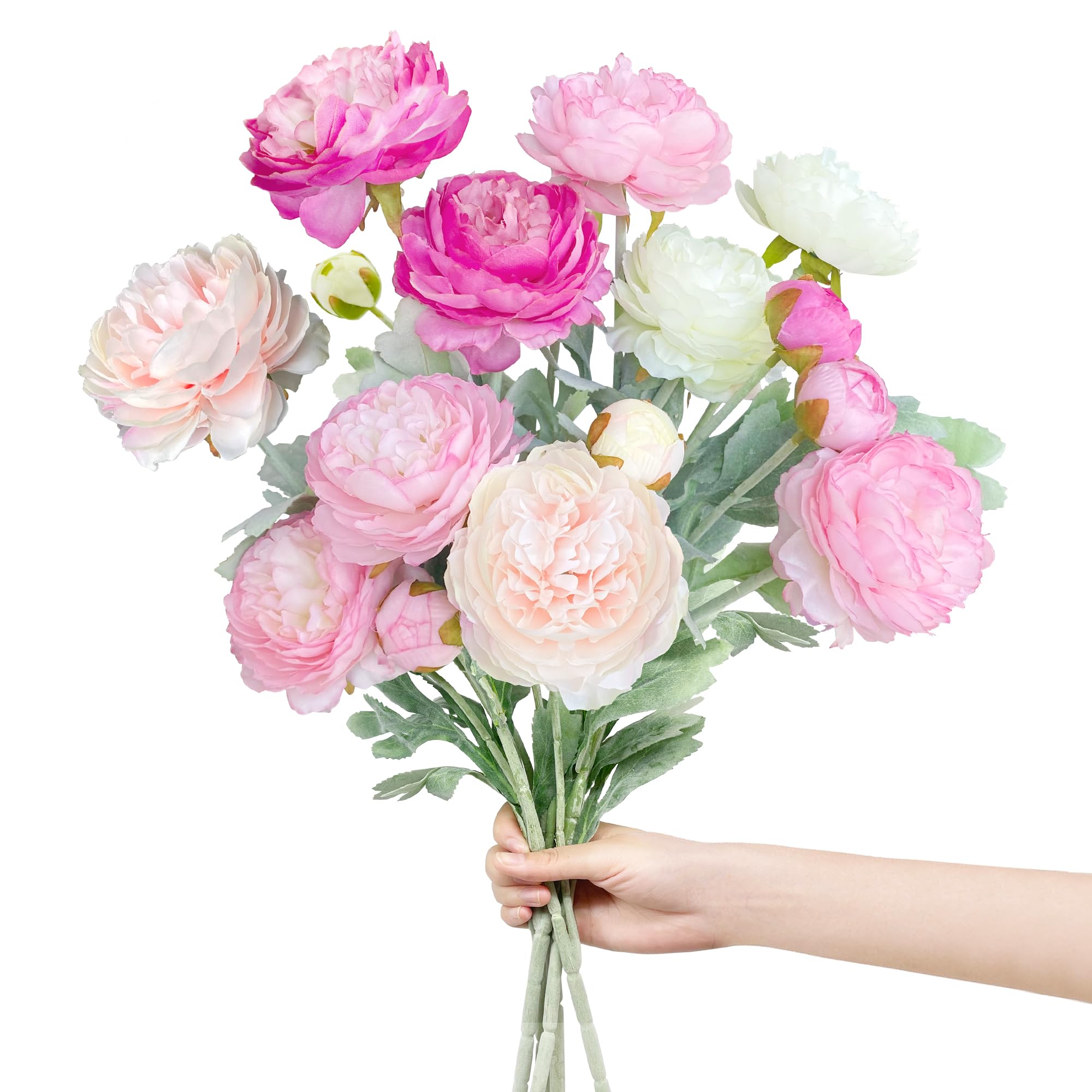 ROLLWAY 5 Bündel Kunstblumen wie Echt Pfingstrosen Künstlich Seidenblumen Groß 51cm, Künstliche Blumen Ranunkeln Künstlich Pfingstrose Kunst Blumen Künstlicher Blumenstrauss Rosa Lila Weiß（φ 8cm）