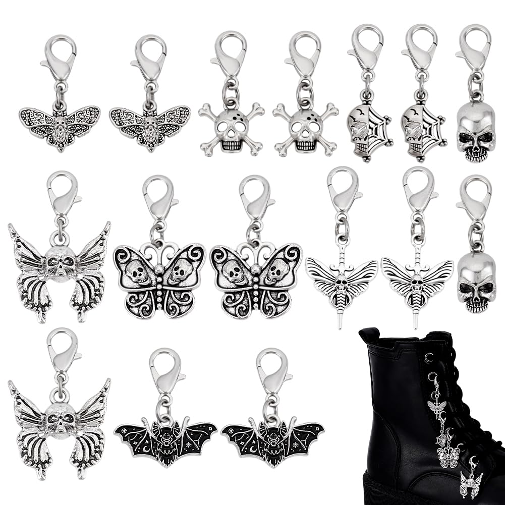 16Pcs Clip on Charm Pendants 8 Styles Goth Skull Butterfly Bat Shoe Lace Charms with Lobster Clasp for Sneakers Canvas Shoes Boots Halloween Punk Jewelry Making