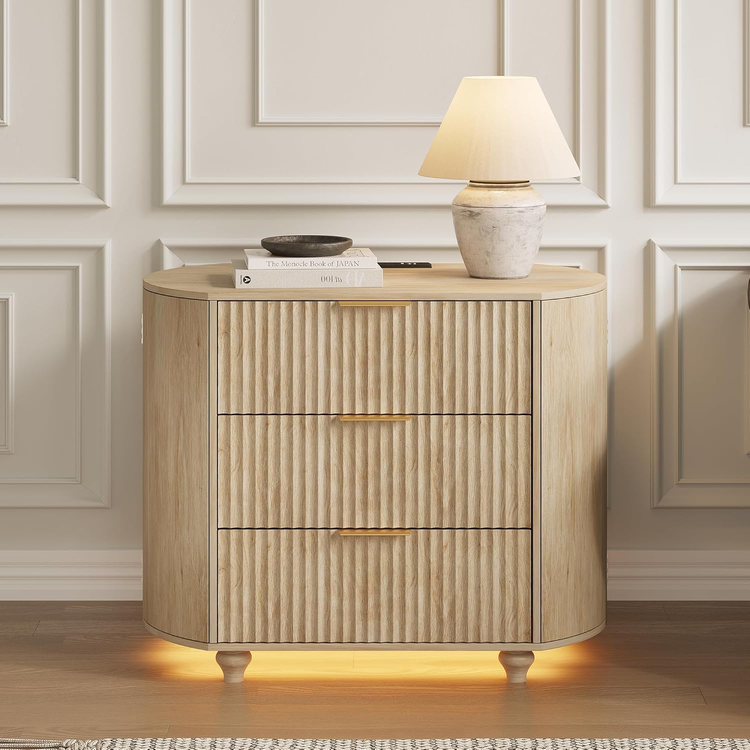 ZKIODV Ovalada Mesita de Noche con Enchufes, LED Mesita de Noche con 3 Cajones, Moderna Mesilla de Noche Grande, iluminación LED 3, USB y USB-C, Mesilla Madera Dormitorio, 65 x 80 x 45 cm (Roble)