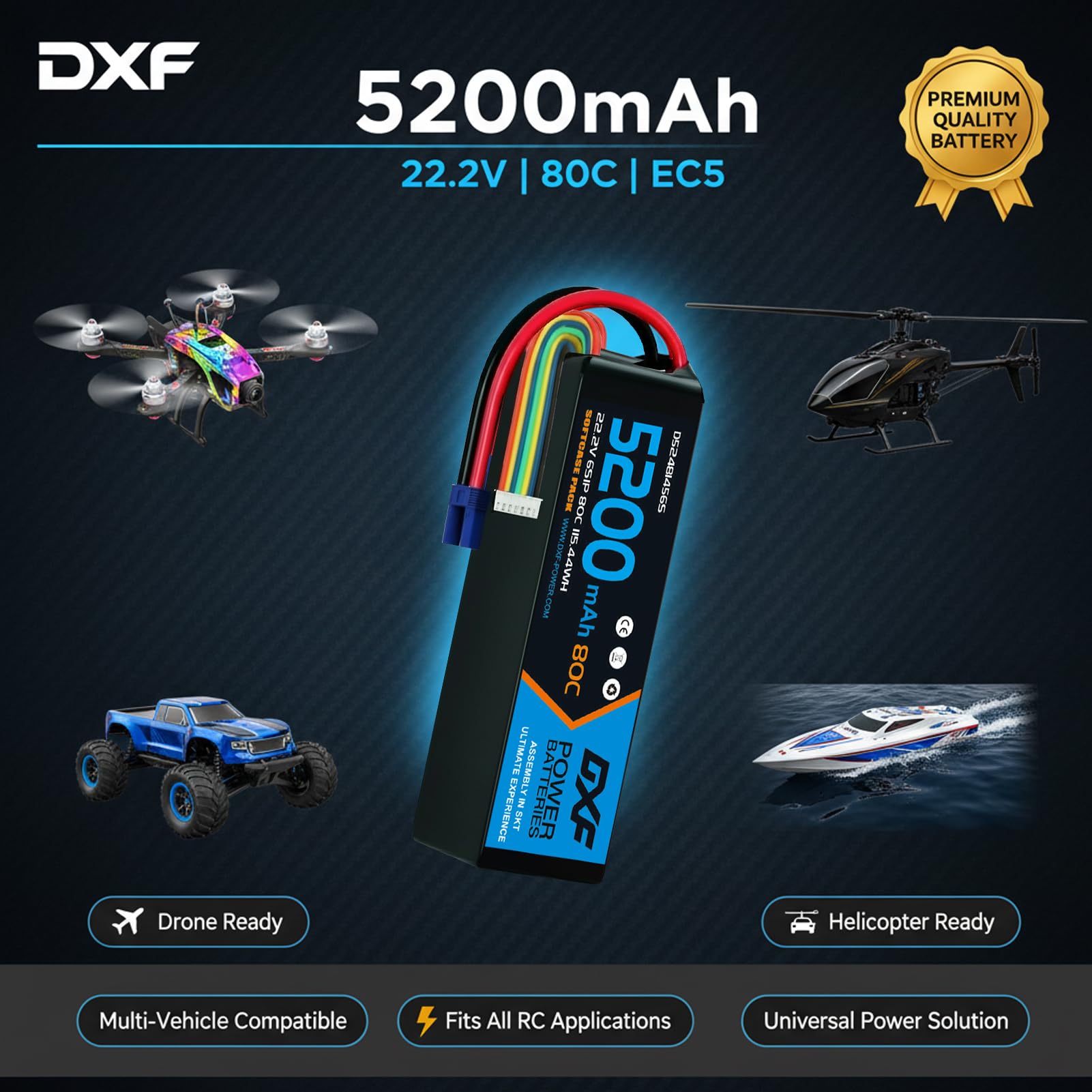 DXF 5200mAh 22.2V 6S 80C EC5 batería Recargable Pila Polímero de Litio Juguete Multicolor para Helicópteros y Aviones más Pequeños como Align GAUI KDS ElyQ Trex-550/600（2PCS）
